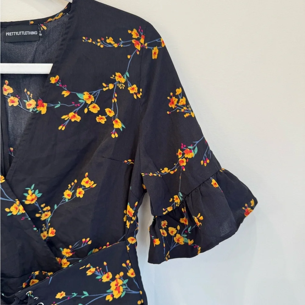 PrettyLittleThing Black Floral Mini Dress w/ Ruffle Sleeves & Corset Waist - 8 - Picture 3 of 7